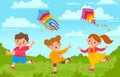 Kids with kites. Boy and girl outside playing with flying toy in park. Cartoon children and kite in wind sky. Summer activity Royalty Free Stock Photo