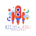 Kids land club logo original, creative label template, playground, entertainment or educational club badge with rocket