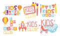 Kids Land Club Logo Set, Playiground, Childrens Centre Colorful Labels Vector Illustration