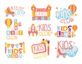 Kids Land Playground And Entertainment Club Set Of Colorful Promo Signs For The Playing Space For Children