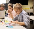 Kids, laptop and invention kit at robotics school Royalty Free Stock Photo