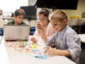 Kids, laptop and invention kit at robotics school Royalty Free Stock Photo