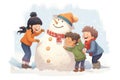 kids laughing while building oversized snowman