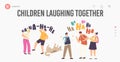 Kids Laughing Together Landing Page Template. Happy Girls or Boys Characters Laugh, Funny Children and Dog Ha-ha Emotion Royalty Free Stock Photo