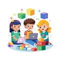 Kids Learning Code: Children Coding with Laptops and Building Blocks, STEM Education