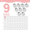 Kids learning material. Card for learning numbers and paint strawberry fruit . Number 9 Royalty Free Stock Photo