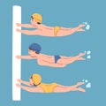 Kids learning during swimming course. Cute children practicing skills in swimming pool vector illustration