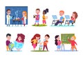 Kids in lessons. School children learning geography and chemistry, biology and math. Cartoon vector characters set Royalty Free Stock Photo