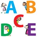 Kids with letters a-e Royalty Free Stock Photo