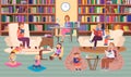 Kids in library. Cartoon boy and girl reading books. Bookshelf in classroom or bookstore, adults and children sitting Royalty Free Stock Photo