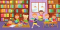 Kids library. Children study together, reading books and young readers club vector illustration