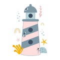 Kids lighthouse cute illustration Summer nautical design poster with cute sea lighthouse baby girl fairy element