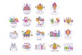 Kids line logo set. Paint palette with brush, castle, cat, rollers, rainbow with clouds, robot, cake with gifts, drawing