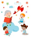 Kids Listening to Their Grandmother Tell a Story, open book with dragon, Imagination ,Vector Illustration