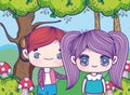 Kids, little boy and girl anime cartoon forest field mushrooms nature