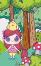 Kids, little girl anime cartoon with chicken in head forest nature