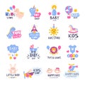 Kids logo. Baby store with toys clothes shoes recent vector cartoon badges templates set isolated