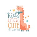 Kids logo, cute giraffe, baby shop label, fashion print for kids wear, baby shower celebration, greeting, invitation