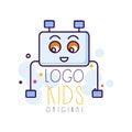 Kids logo original, creative concept template, design element with cute robot hand drawn vector Illustration isolated on