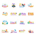 Kids logo vector set. Logo collection of kids club, land, playground, zone, hobby, arts. Vector icons and symbols set of child Royalty Free Stock Photo