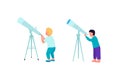 Kids looking into telescope flat color vector faceless character set