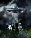 Kids looking to a UFO saucer