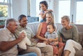 Kids, love and happy family on sofa with baby, laughing and playing in living room in their home. Interracial, happy Royalty Free Stock Photo