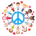 Kids love peace conceptual. Groups of children join hands all around the peace symbol. Vector