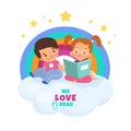 Kids love reading. Girl and boy read book with fairy tales on cloud. Children develop imagination. Rainbow background