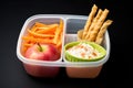 kids lunchbox with small ice-cream cone, carrot sticks, and apple slices