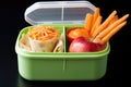 kids lunchbox with small ice-cream cone, carrot sticks, and apple slices