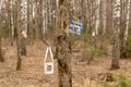 Kids-made homemade bird feeders in the park. Feeders from cardboard boxes