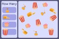 Kids mathematical mini game - count how many foods - honey, bread, dessert, popcorn. Educational games for children