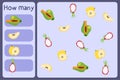 Kids mathematical mini game - count how many fruits - papaya, dragon fruit, quince. Educational games for children