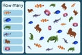 Kids mathematical mini game - count how many sea animals - clownfish surgeonfish, turtle, hummerhead shark, fur seal