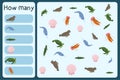 Kids mathematical mini game - count how many sea animals - sea elephant, narwhale, catfish, shall, turtle, jellyfish.