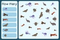 Kids mathematical mini game - count how many sea animals - octopus, walrus, omar, sea elephant, dugon, sunfish.