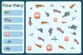 Kids mathematical mini game - count how many sea animals - puffer fish, manatees, flying fish, shal with pear, stringray