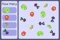 Kids mathematical mini game - count how many vegetables - cabbage, pepper, olive, kohlrabi. Educational games for