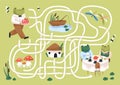 Kids maze game with cute frogs in nature. Childish labyrinth puzzle with paths. Logical quest for children in preschool