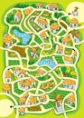 Kids maze puzzle. Help to get to the goal along the tangled roads in the village