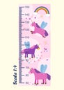 Kids measure the wall with a magical cartoon unicorn flying in the clouds with a rainbow and measuring with a ruler. Royalty Free Stock Photo