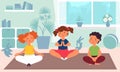 Kids meditation. Children yoga, kindergarten sport class. Fun child training, cartoon healthy meditating group decent