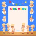 Kids menu background. Children chefs, kid cooking blank poster. Lunch or dinner, kitchen team. Cartoon little child with