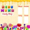 Kids Menu Candy, sweet different bonbon, lollipops,chocolate, jelly. Template menu for caffe, cafeteris, vector Royalty Free Stock Photo