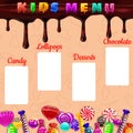 Kids Menu Candy, sweet different bonbon, lollipops,chocolate, jelly. Template menu for caffe, cafeteris, vector Royalty Free Stock Photo