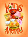 Kids menu card with cartoon personages - ice cream, pizza, hot dog, french fries, hamburger, muffin and donut