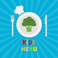 Kids Menu card. Fork, plate, knife and chefs hat icon. Broccoli vegetable face. Cute cartoon smiling character. Healthy food. Flat Royalty Free Stock Photo