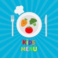 Kids Menu card. Fork, plate, knife and chefs hat icon. Carrot, broccoli, tomato vegetable face. Cute cartoon smiling character. He Royalty Free Stock Photo