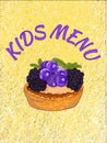 Kids menu cover template. VECTOR illustration. Cupcake on theard background. Yellow color, blue, purple.